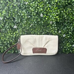 COACH Purse Wrist Clutch Snap Wallet Blue Lined Cream/White & Brown Leather